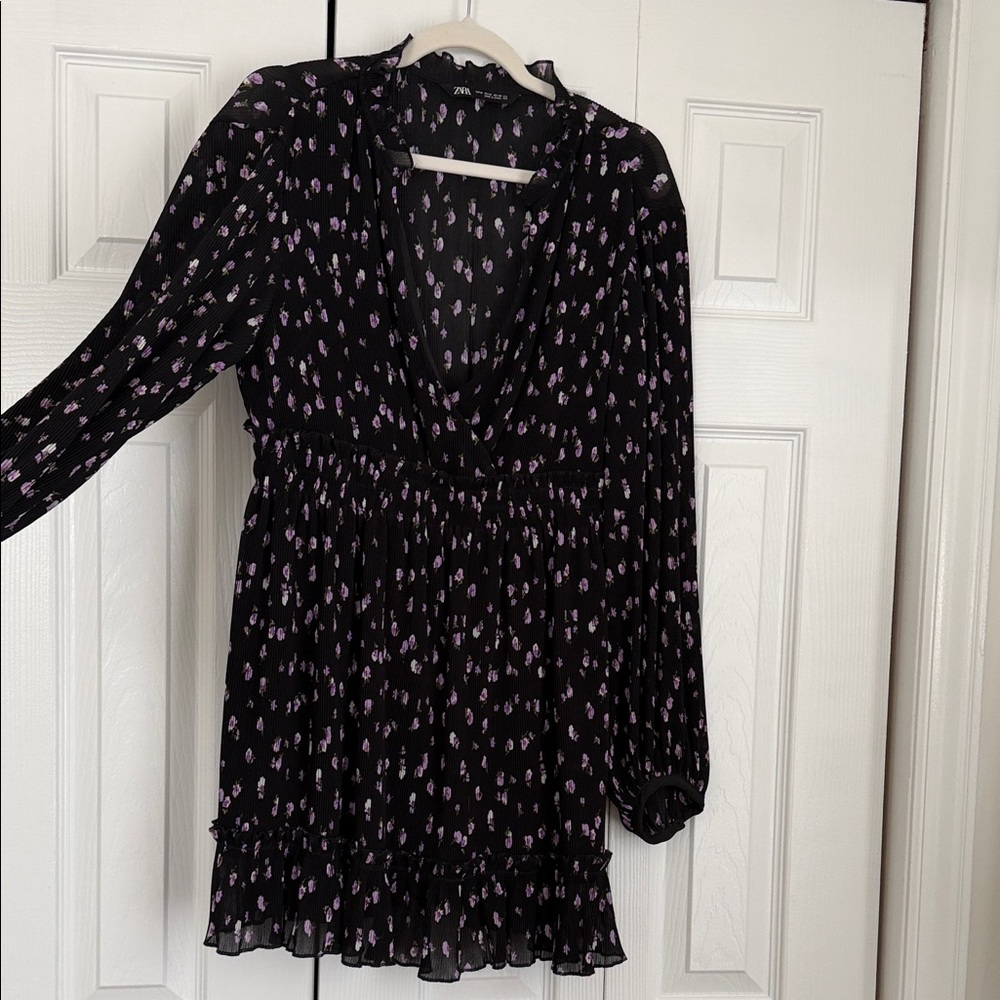 Zara Black Mini Dress with Lavender Floral Print